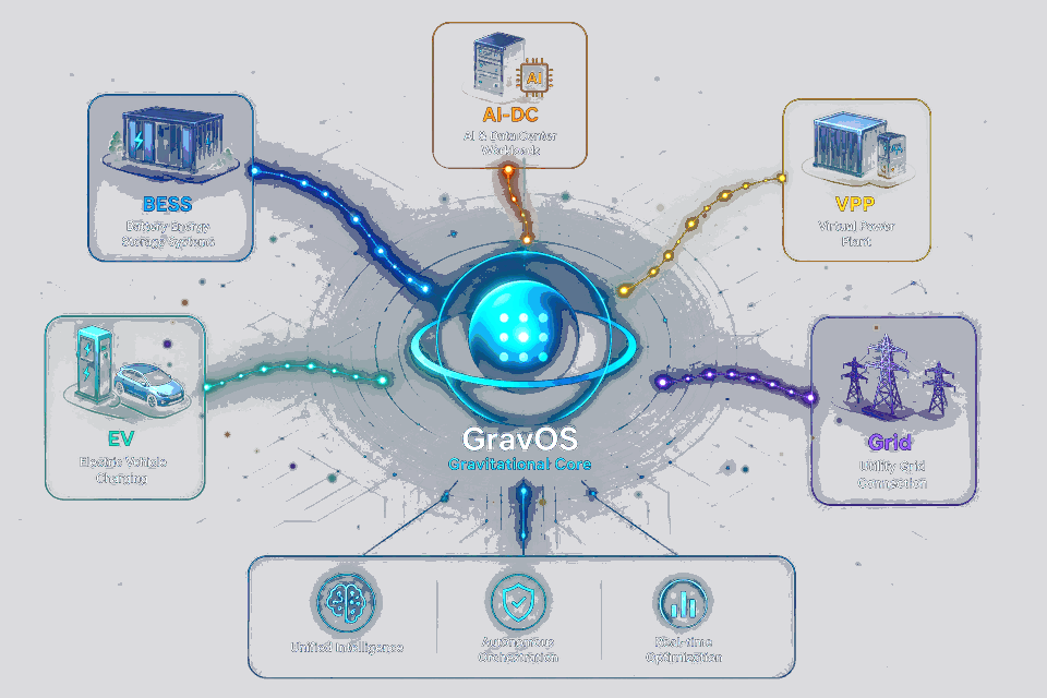 GravOS gravitational core directing energy across EV, BESS, VPP, Grid and AI data centers